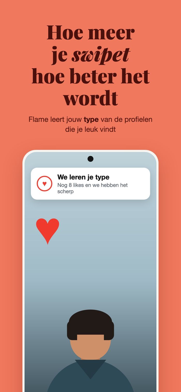 Een profielkaart met het paneel “We leren je type”, onder “Hoe meer je veegt, hoe beter het wordt”
