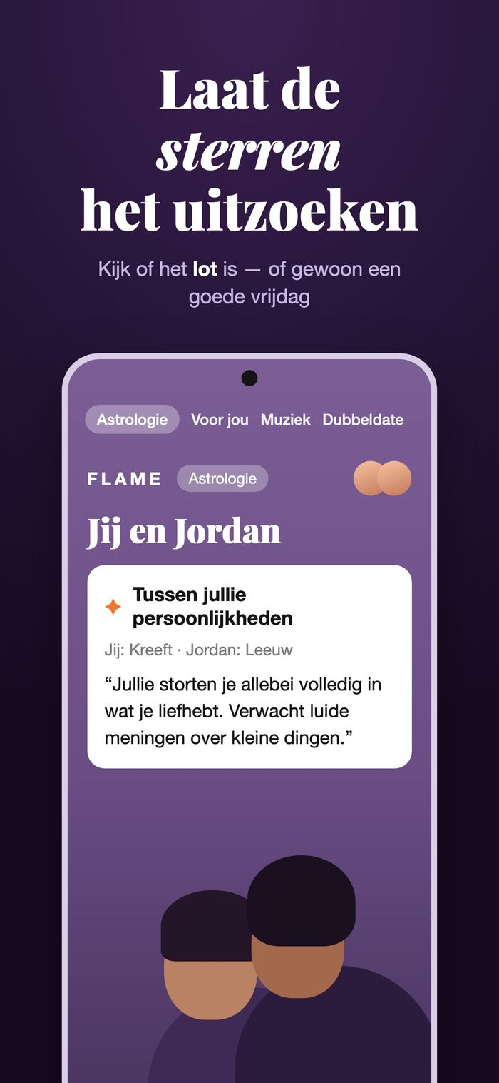 Het astrologiescherm van Flame vergelijkt twee horoscopen onder “Tussen jullie persoonlijkheden”