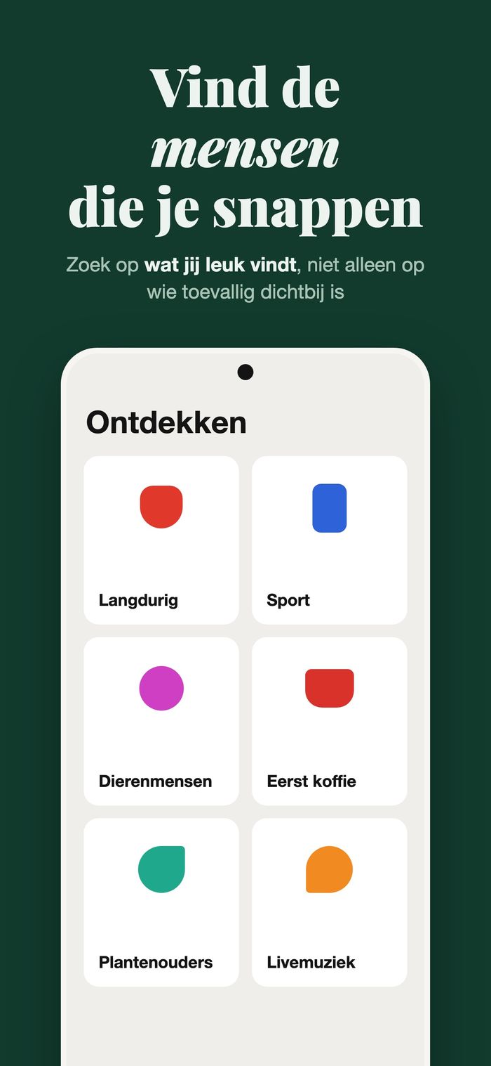 Het Ontdekken-scherm van Flame met mensen gegroepeerd op Iets serieus, Sport, Met huisdier, Eerst koffie, Planten en Live muziek