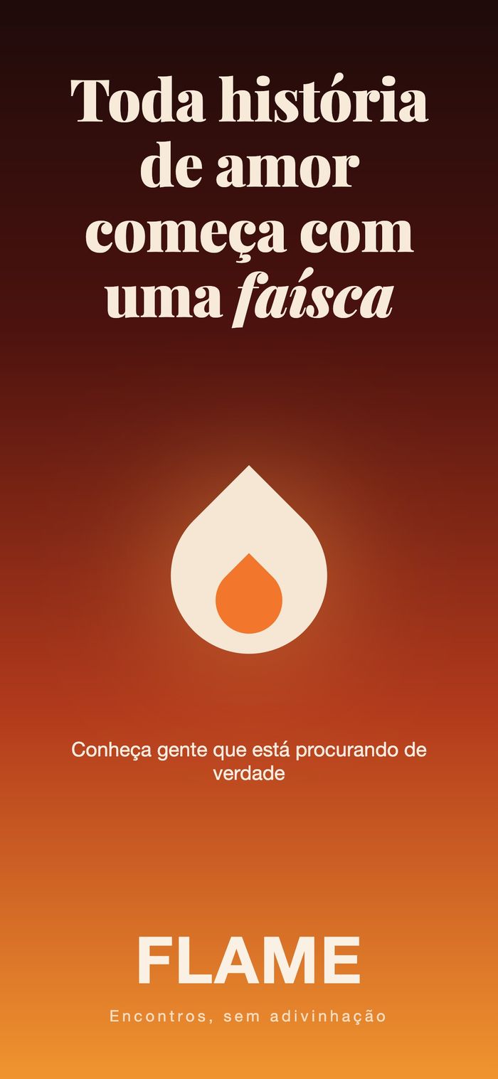 Tela inicial do Flame: a chama sobre um gradiente quente, sob “Toda história de amor começa com uma faísca”