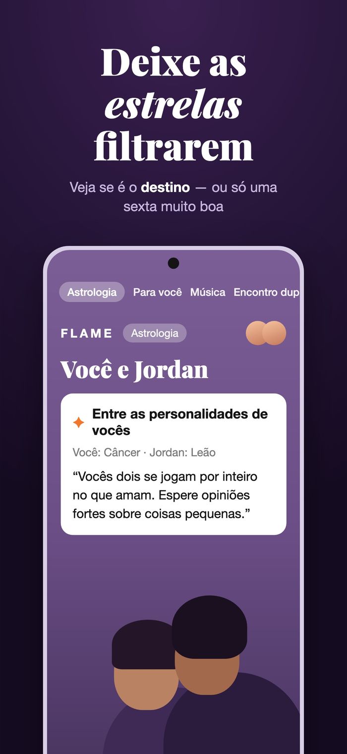 A tela de astrologia do Flame comparando dois mapas sob “Entre as personalidades de vocês”