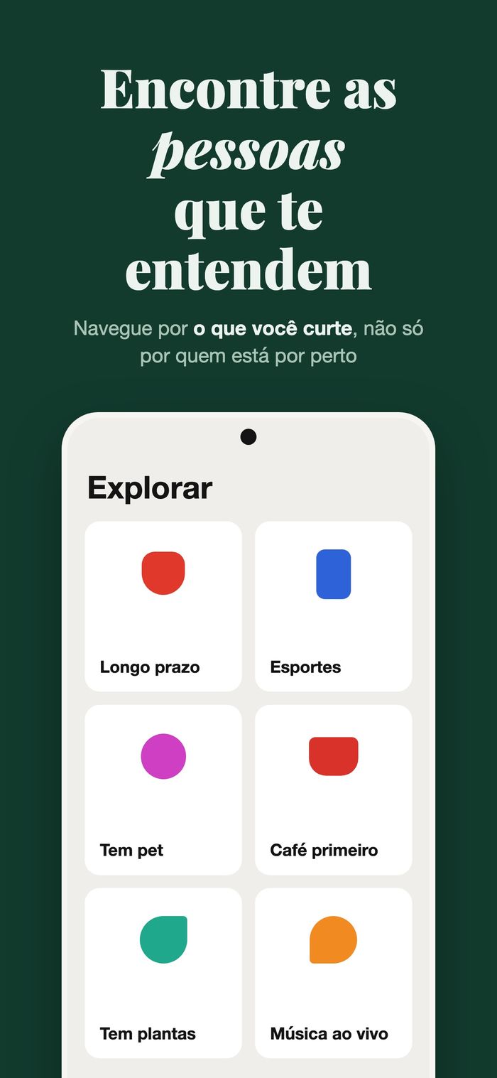 A tela Explorar do Flame com pessoas agrupadas por Algo sério, Esporte, Com pet, Café primeiro, Plantas e Show ao vivo