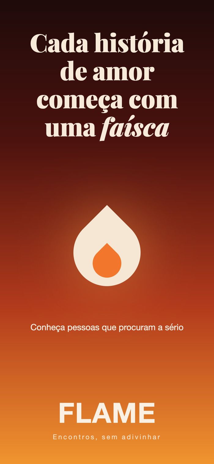 Ecrã inicial da Flame: a chama sobre um gradiente quente, sob «Todas as histórias de amor começam com uma faísca»