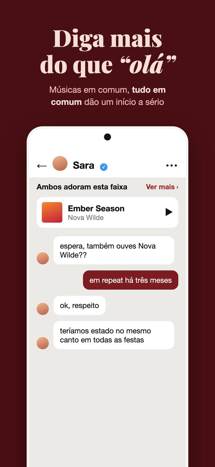 Uma conversa da Flame em que ambos gostam da mesma música, com Ember Season de Nova Wilde fixada no topo
