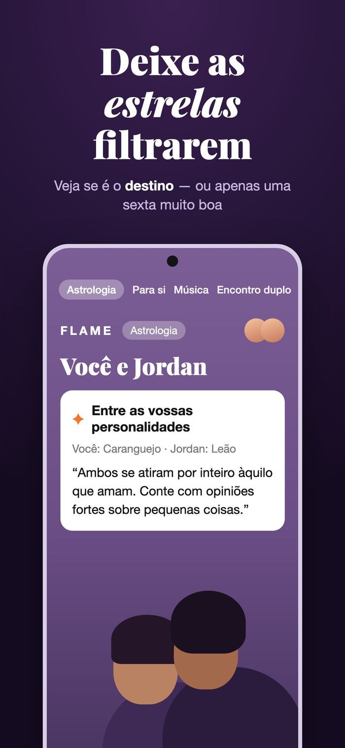 O ecrã de astrologia da Flame a comparar dois mapas sob «Entre as vossas personalidades»