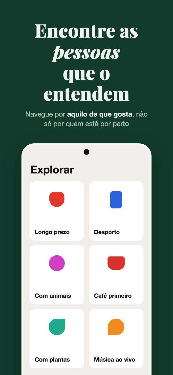O ecrã Explorar da Flame com pessoas agrupadas por Algo sério, Desporto, Com animal, Café primeiro, Plantas e Música ao vivo