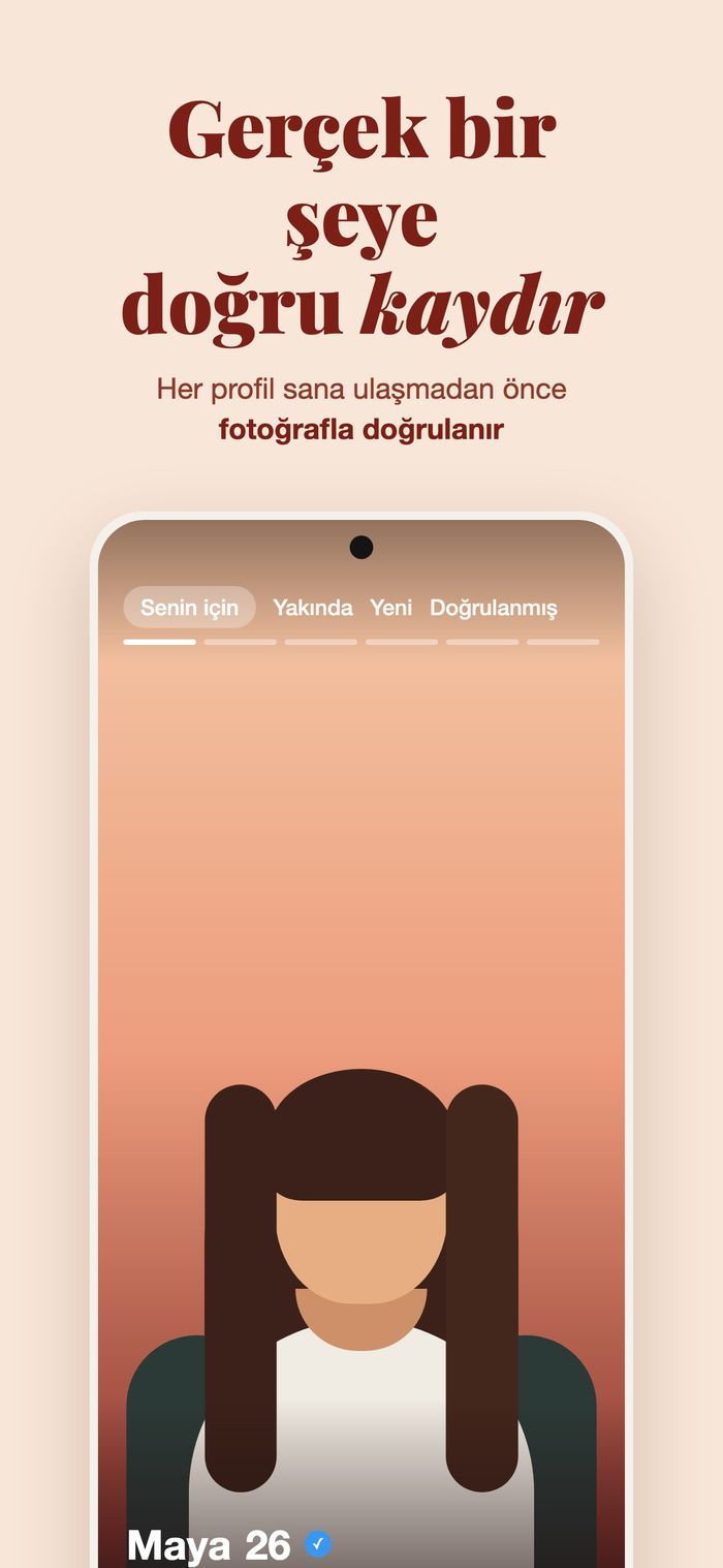 Senin için, Yakında, Yeni gelenler ve Doğrulanmış filtreleriyle Flame kart destesi, “Gerçek bir şeye kaydır — her profil fotoğraf doğrulamasından geçer” başlığı altında