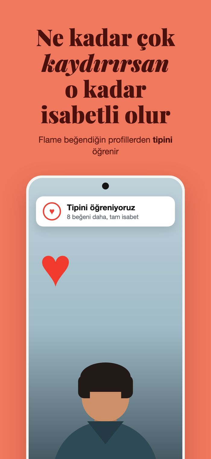 “Tipini öğreniyoruz” panelli bir profil kartı, “Ne kadar kaydırırsan o kadar iyi olur” yazısının altında