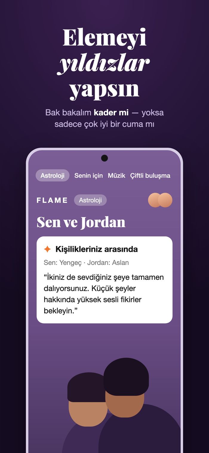 İki haritayı “Kişilikleriniz arasında” başlığı altında karşılaştıran Flame astroloji ekranı