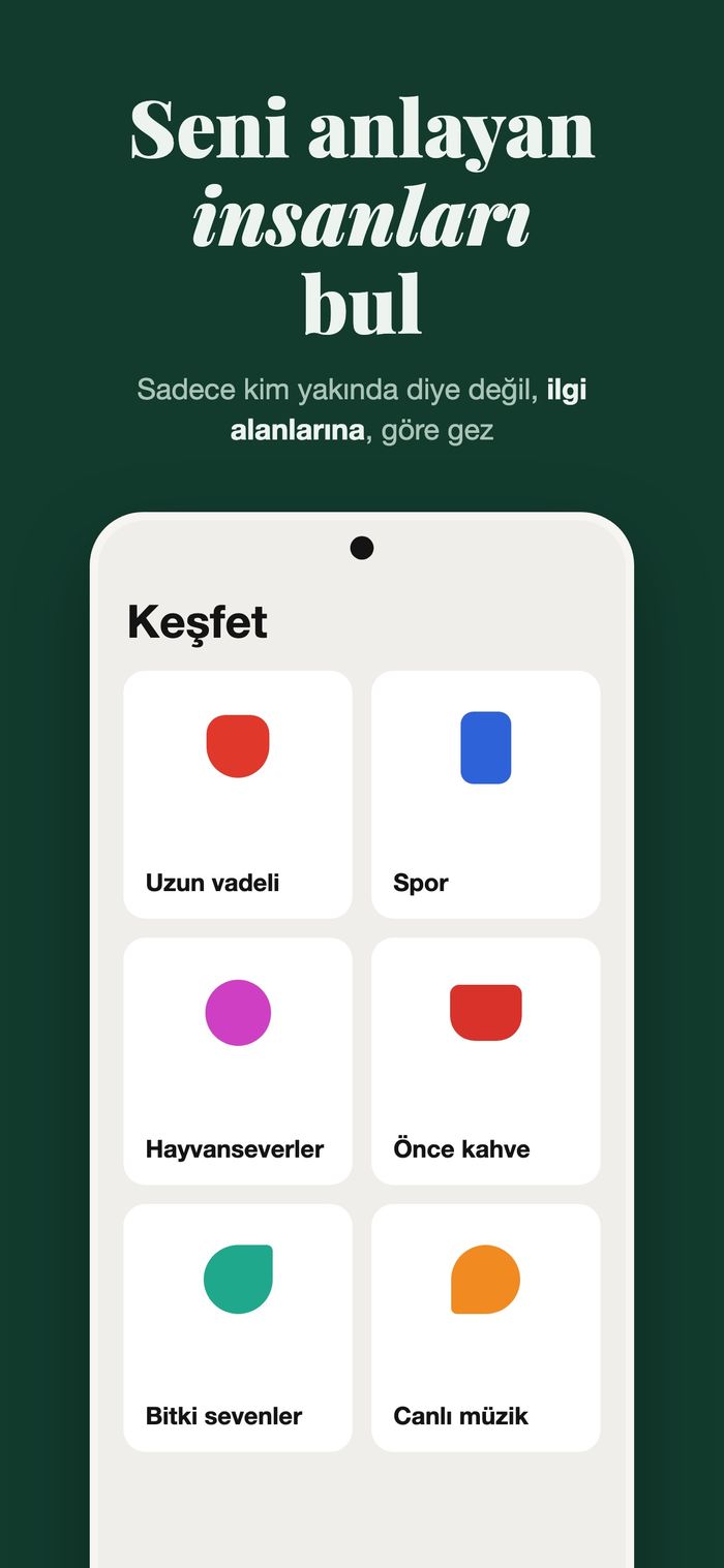 İnsanların Ciddi bir şey, Spor, Evcil hayvan, Önce kahve, Bitkiler ve Canlı müzik olarak gruplandığı Flame Keşfet ekranı