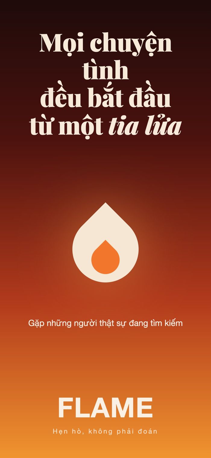 Màn hình mở đầu của Flame: biểu tượng ngọn lửa trên nền chuyển sắc ấm, dưới dòng “Mọi chuyện tình đều bắt đầu từ một tia lửa”