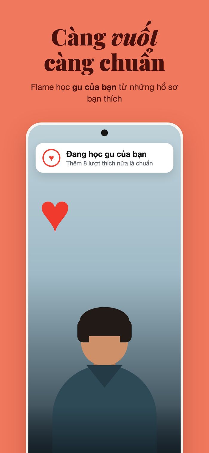Một thẻ hồ sơ với bảng “Đang học gu của bạn”, dưới dòng “Càng vuốt càng chuẩn”