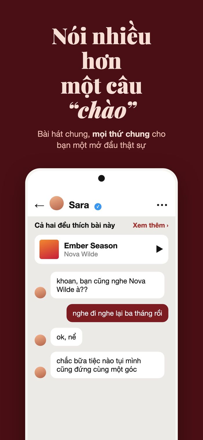 Một cuộc trò chuyện Flame nơi cả hai cùng thích một bài hát, với Ember Season của Nova Wilde ghim ở trên