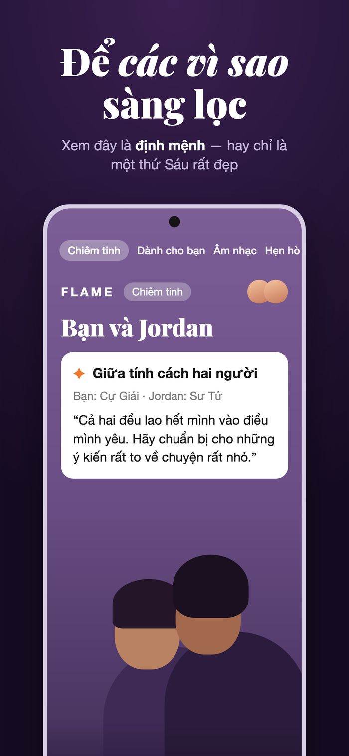 Màn hình chiêm tinh của Flame so sánh hai lá số dưới tiêu đề “Giữa hai tính cách”