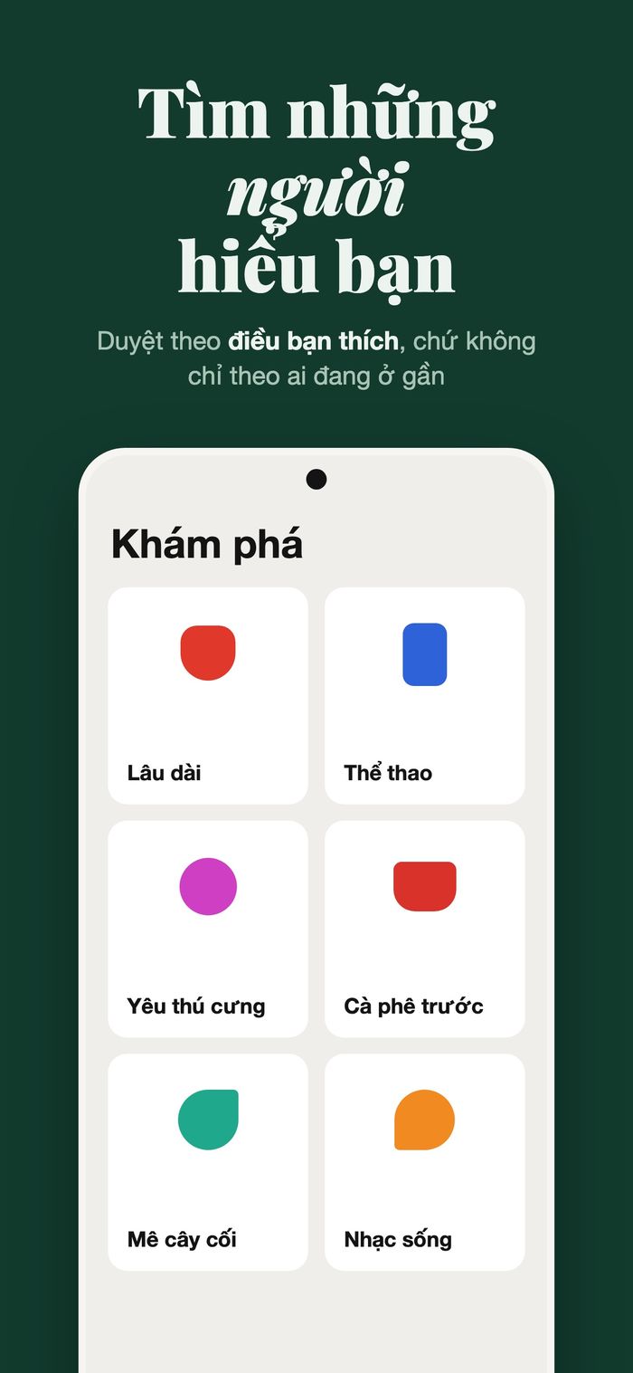 Màn hình Khám phá của Flame với mọi người được nhóm theo Điều nghiêm túc, Thể thao, Nuôi thú cưng, Cà phê trước, Cây cối và Nhạc sống