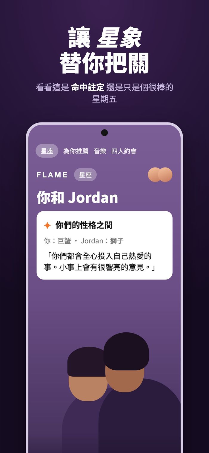 Flame 的星盤頁面，在「你們的性格之間」標題下比較兩張星盤